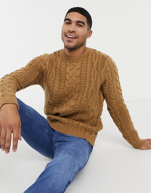 ASOS DESIGN heavyweight cable knit crew neck jumper in camel