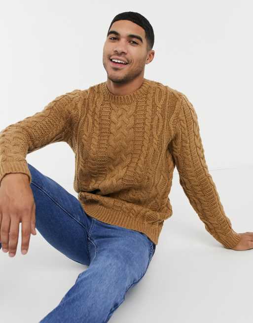 ASOS DESIGN heavyweight cable knit crew neck sweater in camel ASOS