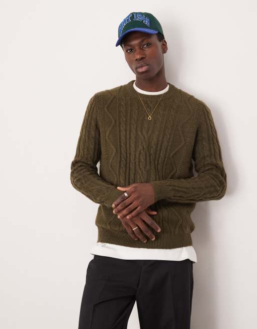 ASOS DESIGN heavyweight cable knit crew neck sweater in khaki