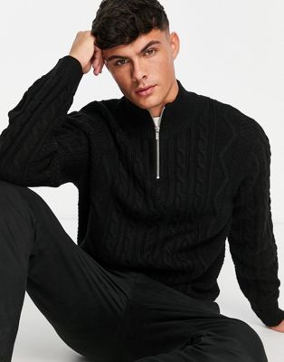 ASOS DESIGN cable knit half zip jumper in black