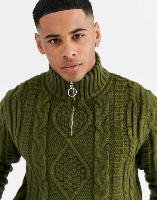 ASOS DESIGN heavyweight cable knit half zip jumper in khaki ASOS