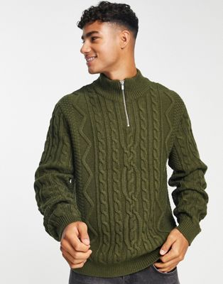 ASOS DESIGN heavyweight cable knit half zip jumper in khaki