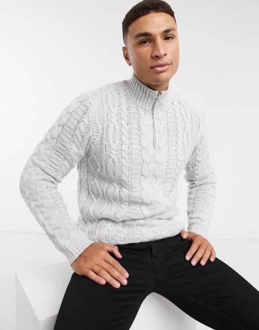 ASOS DESIGN heavyweight cable knit half zip jumper in light grey