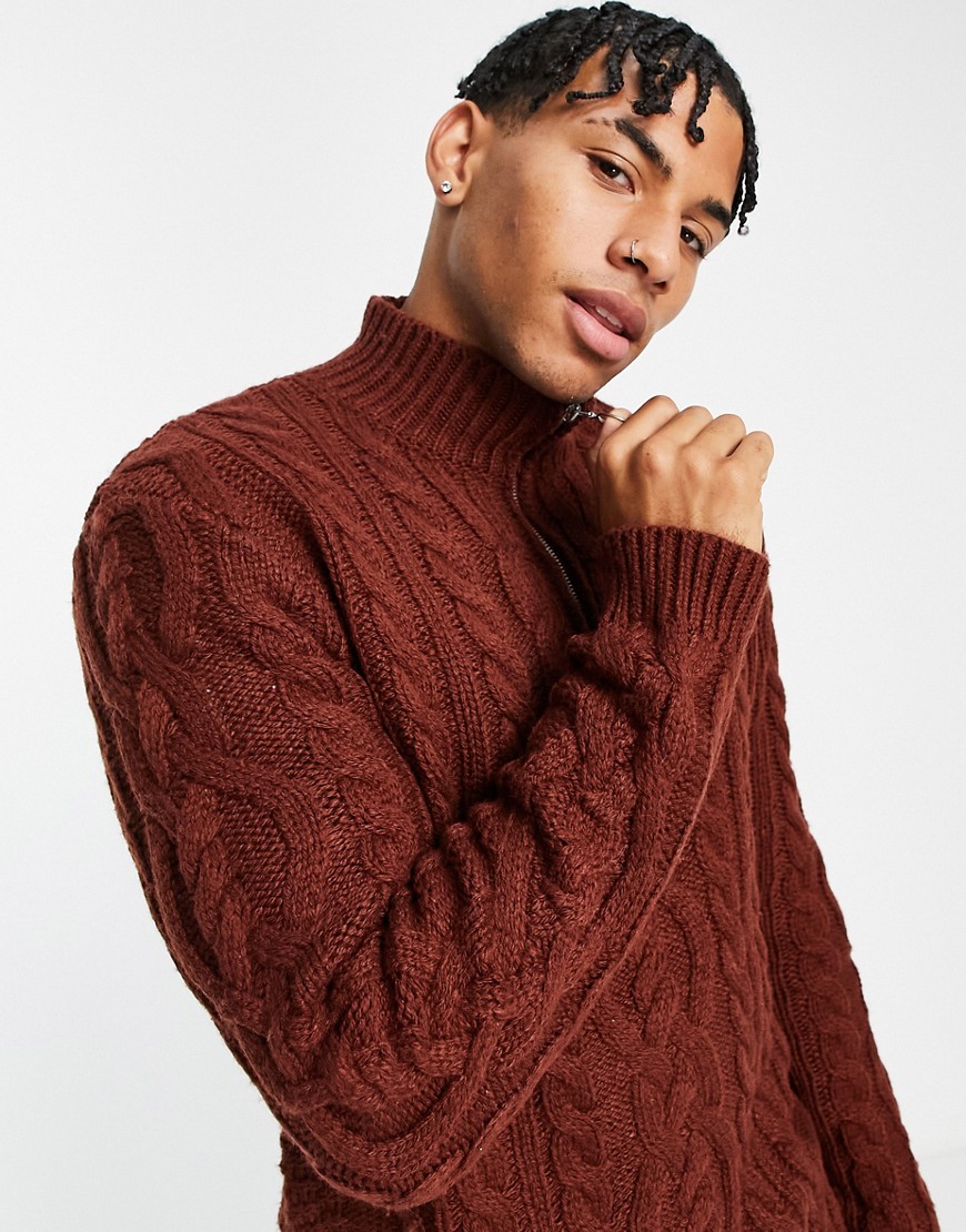 ASOS DESIGN heavyweight cable knit half zip sweater in auburn