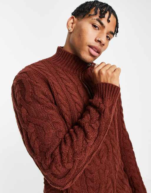 ASOS DESIGN heavyweight cable knit half zip sweater in auburn | ASOS