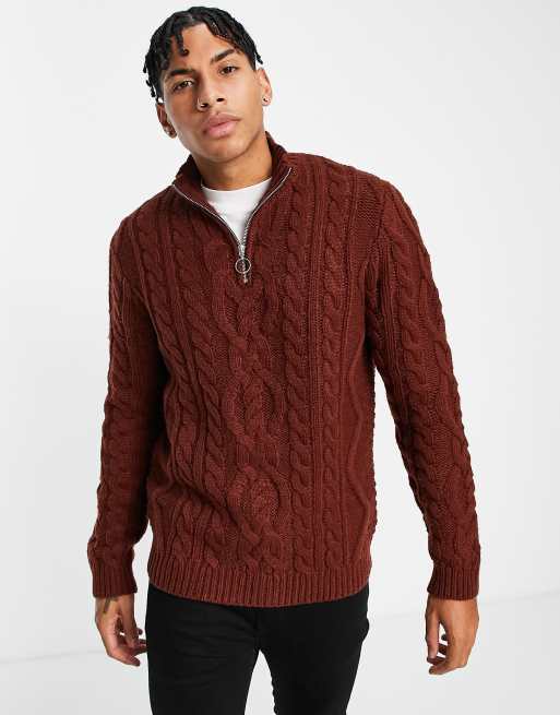 ASOS DESIGN heavyweight cable knit half zip sweater in auburn