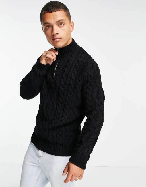 Quarter Zip Cable Knit Pullover Sweater Black– BESPOKE MODA