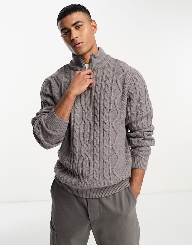 ASOS DESIGN heavyweight cable knit half zip sweater in gray