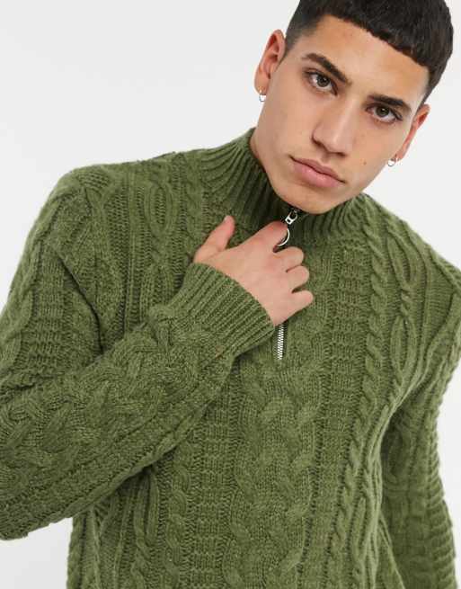 ASOS DESIGN heavyweight cable knit half zip sweater in khaki ASOS