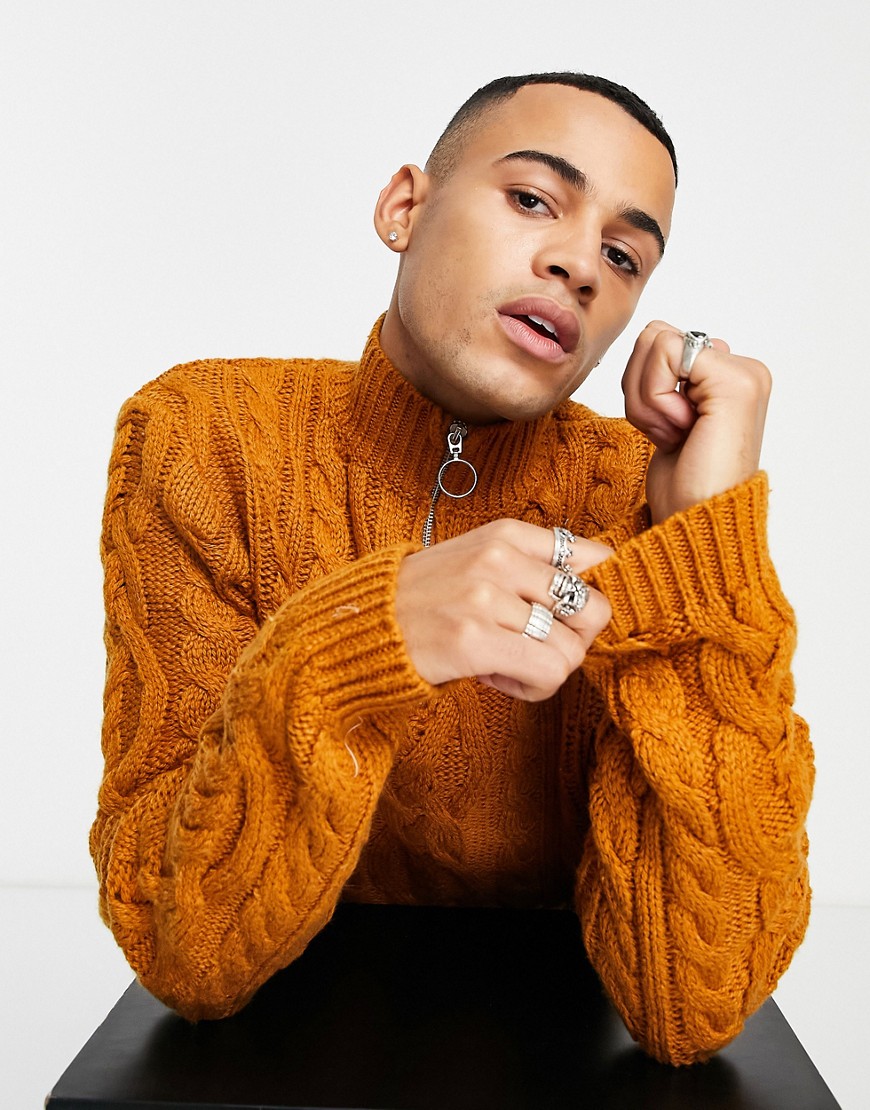 ASOS DESIGN heavyweight cable knit half zip sweater in mustard-Yellow
