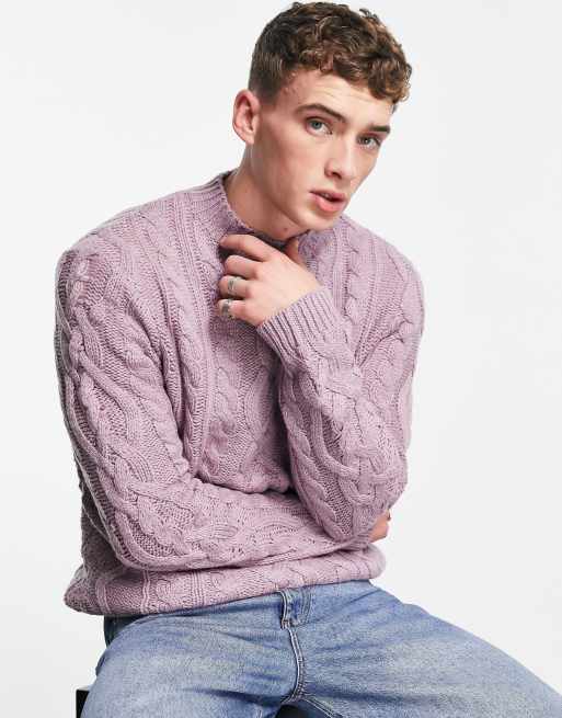 ASOS DESIGN heavyweight cable knit high neck jumper in pink