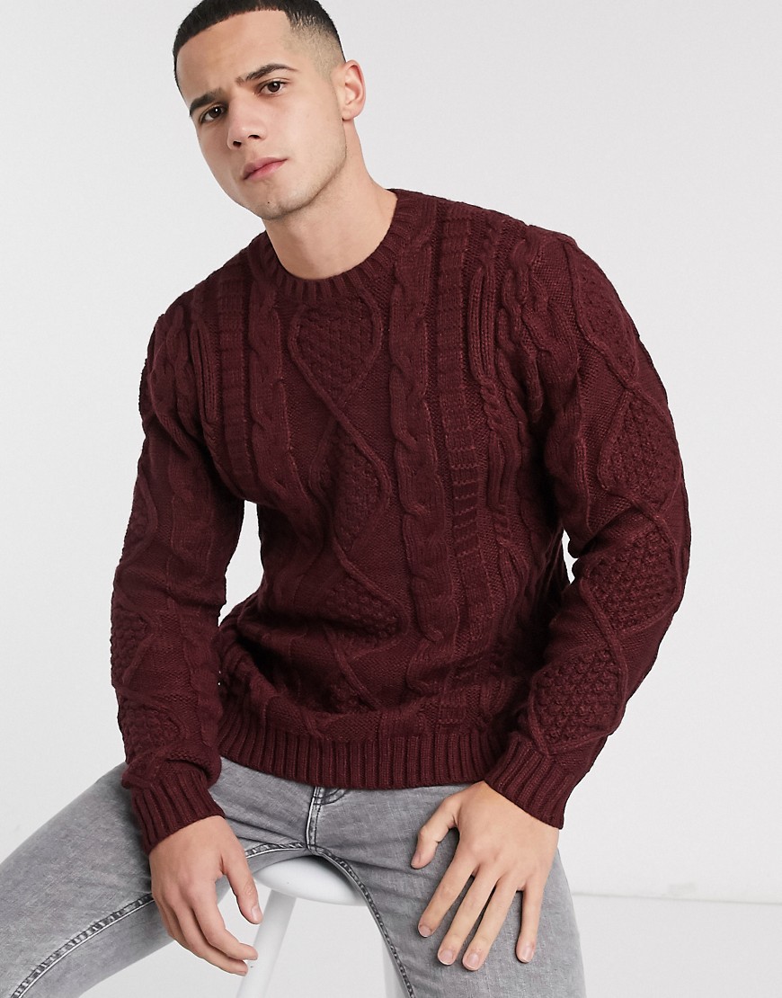 ASOS DESIGN heavyweight cable knit jumper in burgundy-Red