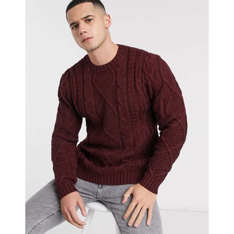 ASOS DESIGN heavyweight cable knit jumper in burgundy ASOS