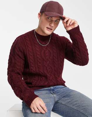 ASOS DESIGN heavyweight cable knit jumper in burgundy | ASOS