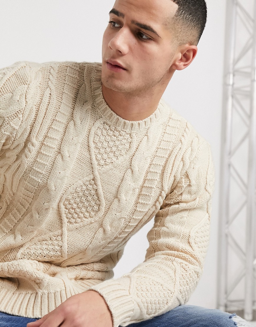 ASOS DESIGN heavyweight cable knit jumper in oatmeal-Beige