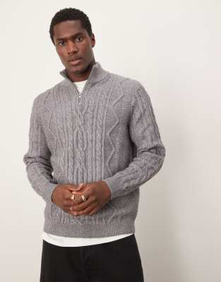 ASOS DESIGN ASOS DESIGN heavyweight cable knit quarter zip jumper in charcoal-Grey