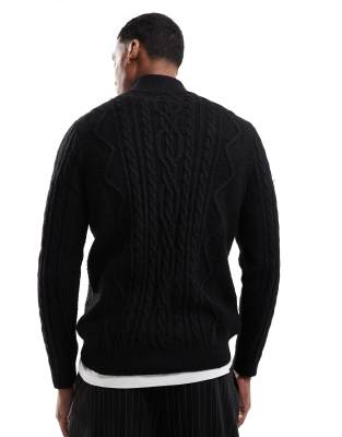 ASOS DESIGN heavyweight cable knit quarter zip sweater in black | ASOS