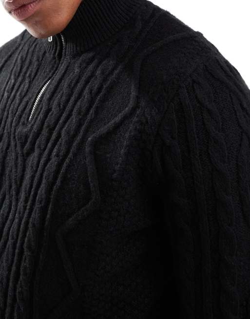 ASOS DESIGN heavyweight cable knit quarter zip sweater in black | ASOS