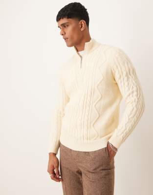 Asos Design Heavyweight Cable Knit Quarter Zip Sweater In Cream-white