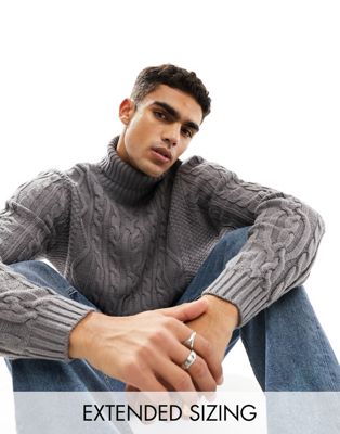 ASOS DESIGN cable knit roll neck jumper in charcoal