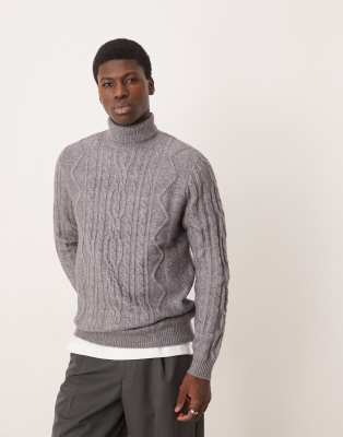 ASOS DESIGN ASOS DESIGN heavyweight cable knit roll neck jumper in charcoal-Grey