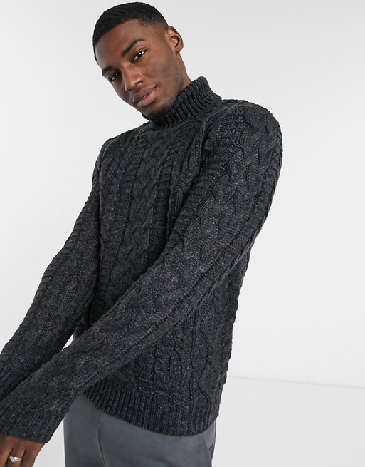 ASOS DESIGN heavyweight cable knit roll neck jumper in charcoal