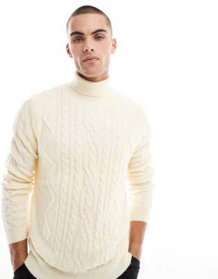 ASOS DESIGN ASOS DESIGN heavyweight cable knit roll neck jumper in cream-White