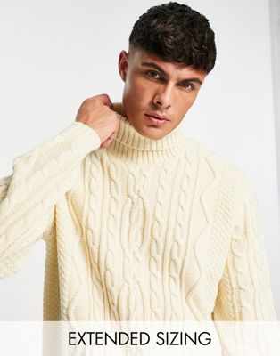 ASOS DESIGN cable knit roll neck jumper in ecru twist