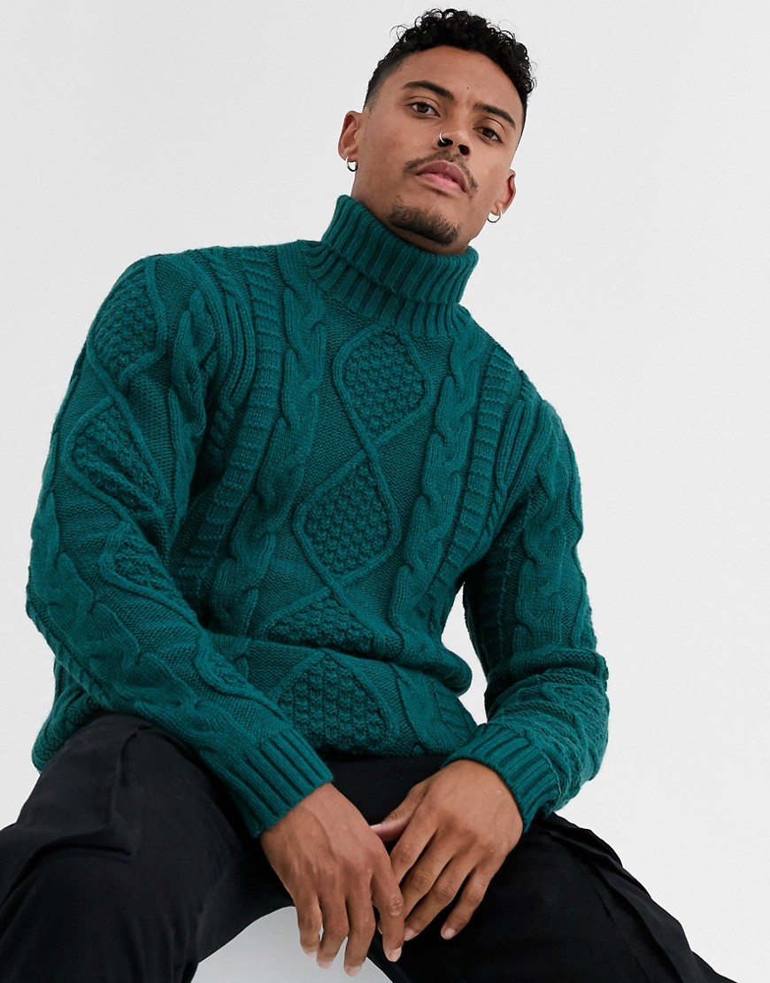 ASOS DESIGN heavyweight cable knit roll neck jumper in green