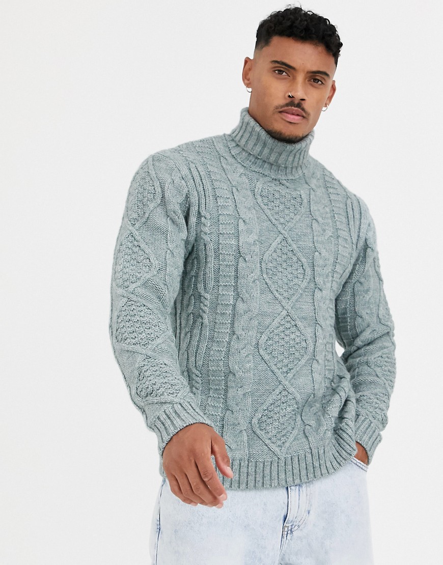 ASOS DESIGN heavyweight cable knit roll neck jumper in light grey