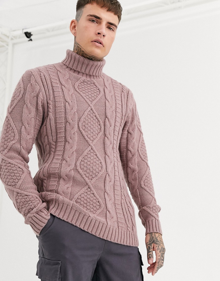 ASOS DESIGN heavyweight cable knit roll neck jumper in pink