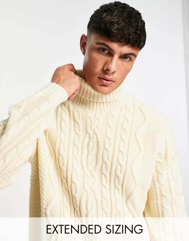 ASOS DESIGN heavyweight cable knit roll neck sweater in ecru twist