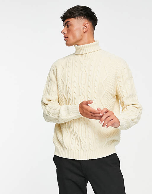 semafor Jeg vil have Arena ASOS DESIGN heavyweight cable knit roll neck sweater in ecru twist | ASOS