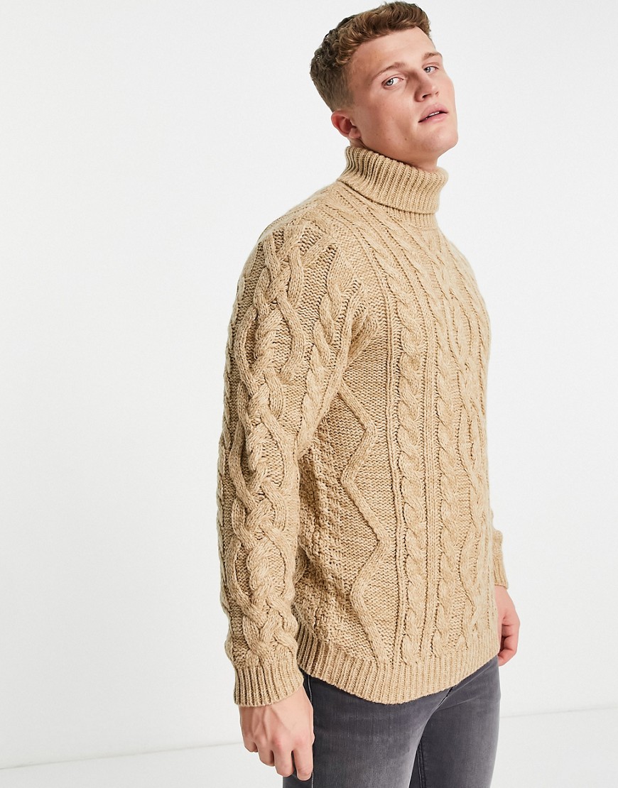 ASOS DESIGN heavyweight cable knit roll neck sweater in light tan-Neutral