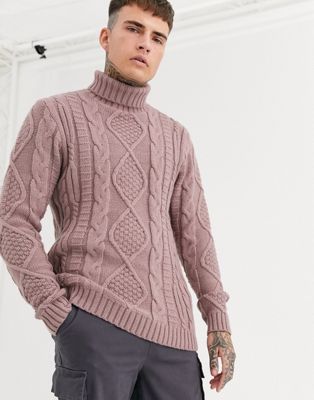 ASOS DESIGN heavyweight cable knit roll neck sweater in pink | ASOS