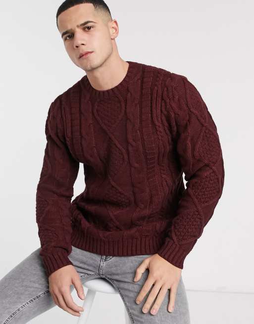 ASOS DESIGN heavyweight cable knit sweater in burgundy ASOS