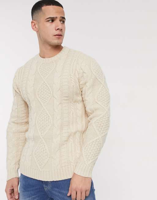 ASOS DESIGN heavyweight cable knit sweater in oatmeal