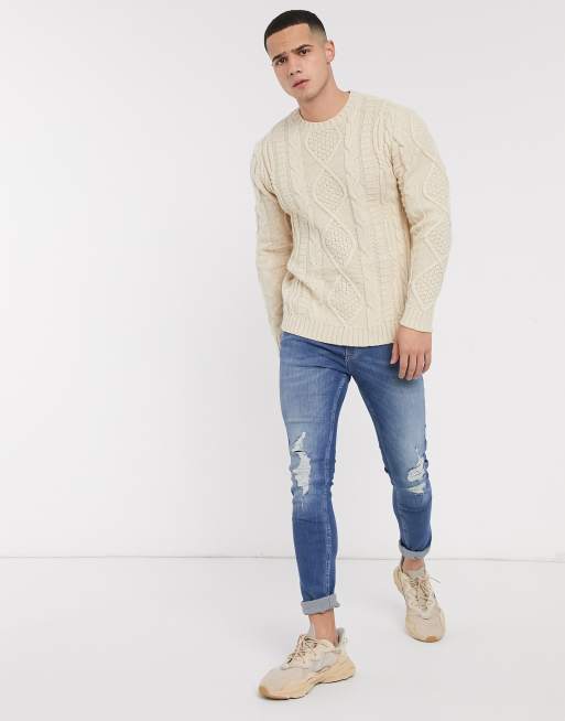 ASOS DESIGN heavyweight cable knit sweater in oatmeal