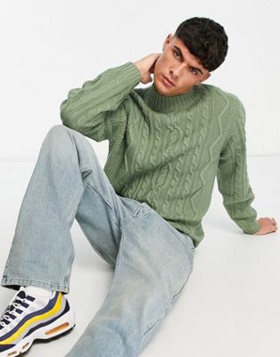 ASOS DESIGN heavyweight cable knit turtle neck jumper in green