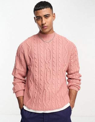 ASOS DESIGN cable knit turtle neck jumper in light pink