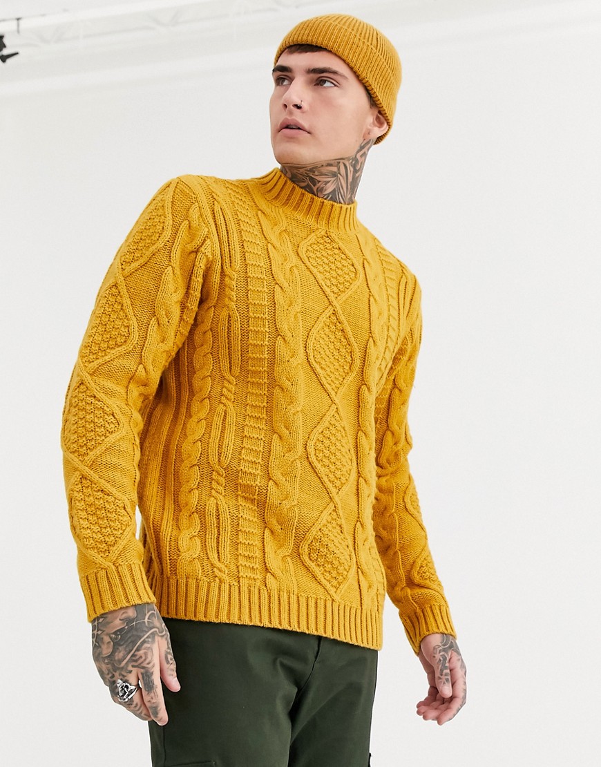 ASOS DESIGN heavyweight cable knit turtle neck jumper in mustard-Yellow