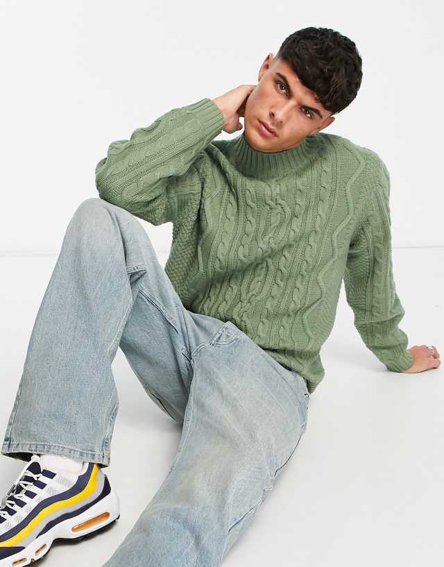 ASOS DESIGN heavyweight cable knit turtle neck sweater in green