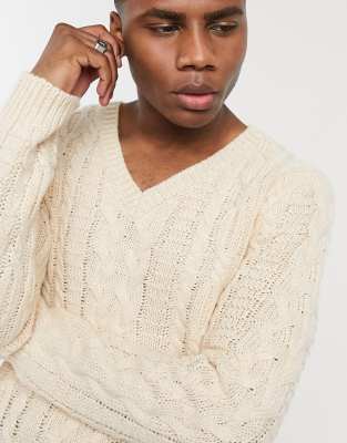 ASOS DESIGN heavyweight cable knit v-neck jumper in cream