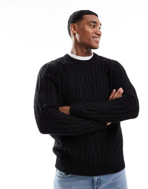 ASOS DESIGN heavyweight cable knitted crew neck jumper in black  - view 1