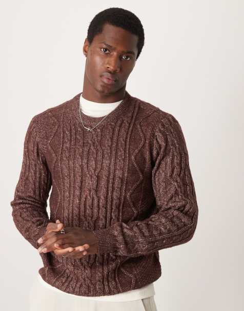 ASOS DESIGN heavyweight cable knitted crew neck jumper in chocolate brown - view 1