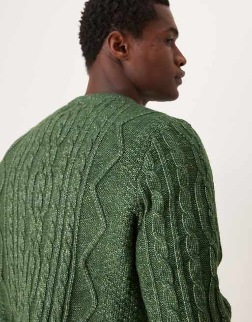 ASOS DESIGN heavyweight cable knitted crew neck jumper in dark green, 2 of 4