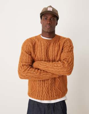 ASOS DESIGN ASOS DESIGN heavyweight cable knitted crew neck jumper in tan-Brown