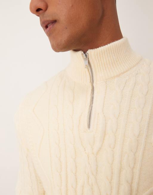ASOS DESIGN heavyweight cable knitted quarter zip jumper in cream, 2 of 4