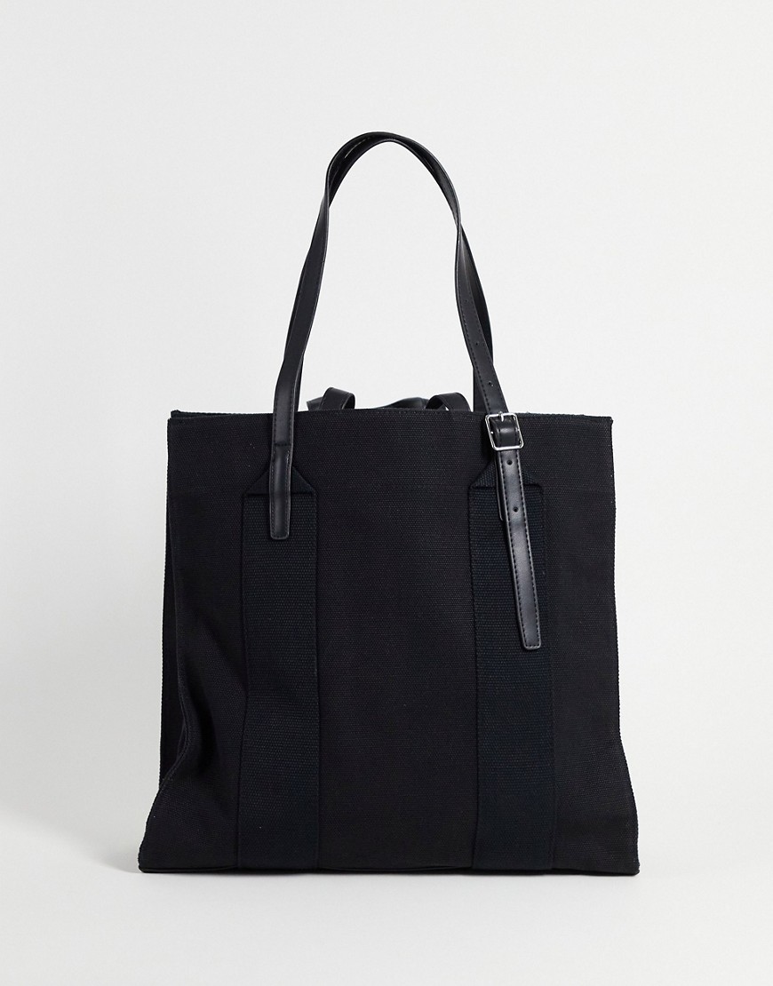 ASOS DESIGN heavyweight canvas tote bag with internal compartments and double strap-Black