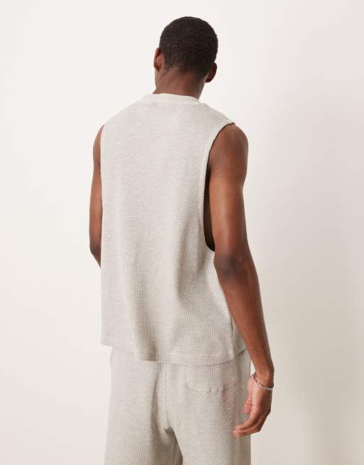 ASOS DESIGN heavyweight co-ord boxy oversized relaxed tank with chest embroidery in beige waffle, 3 of 4